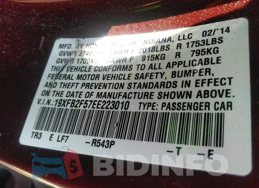 19XFB2F57EE223010 Photo# 9