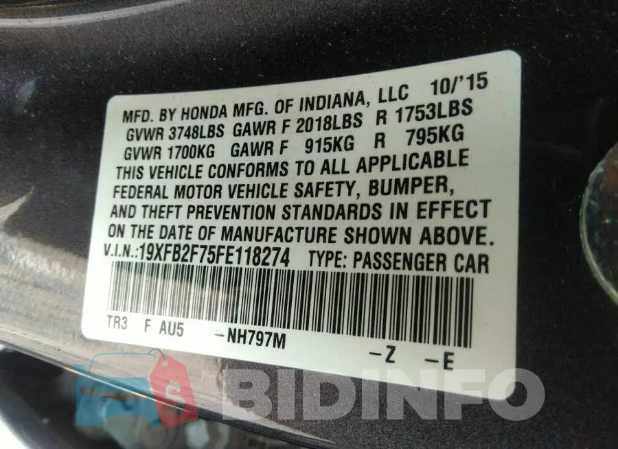 19XFB2F75FE118274 Photo# 9