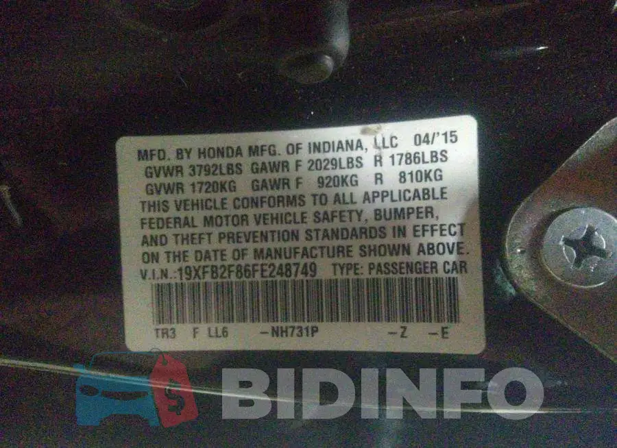 19XFB2F86FE248749 Photo# 9