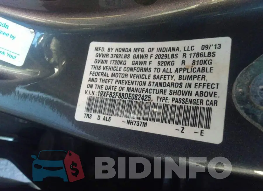 19XFB2F88DE082425 Photo# 9