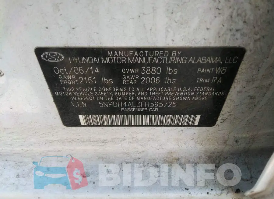 5NPDH4AE3FH595725 Photo# 9