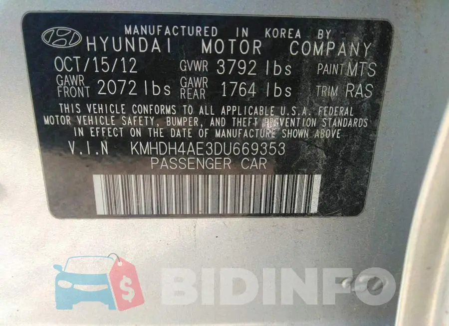 KMHDH4AE3DU669353 Photo# 9