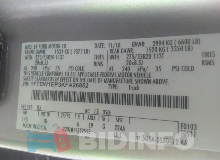 1FTEW1EP3KFA26852 Photo# 9
