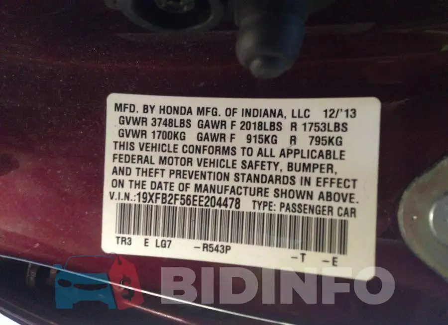 19XFB2F56EE204478 Photo# 9