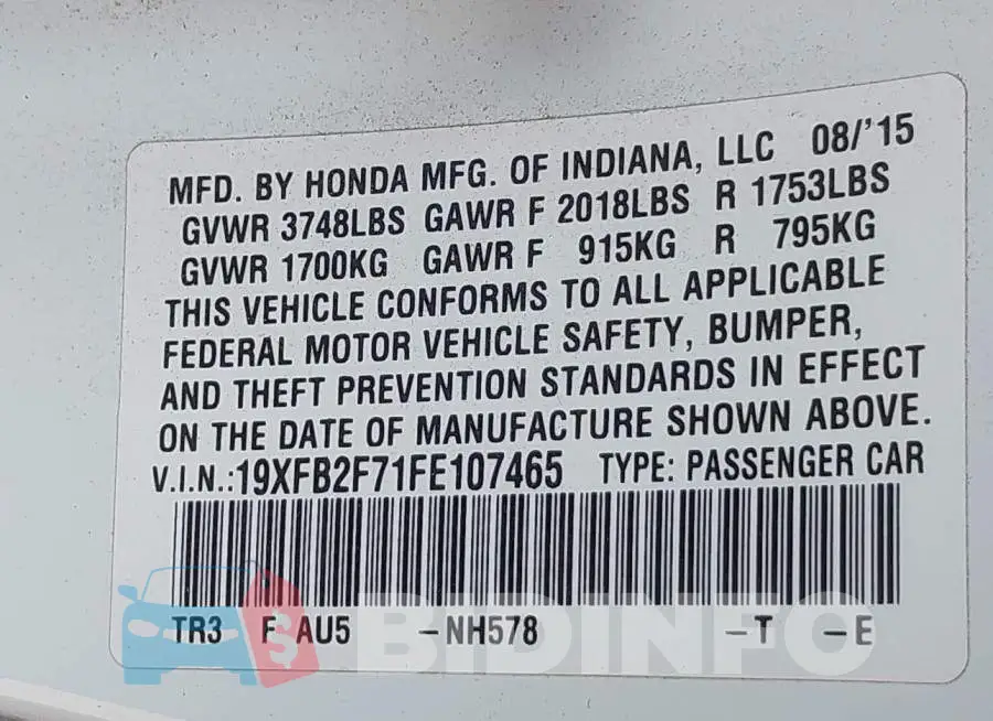 19XFB2F71FE107465 Photo# 9