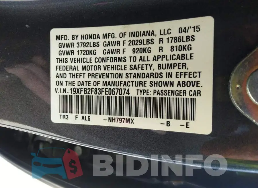 19XFB2F83FE067074 Photo# 9