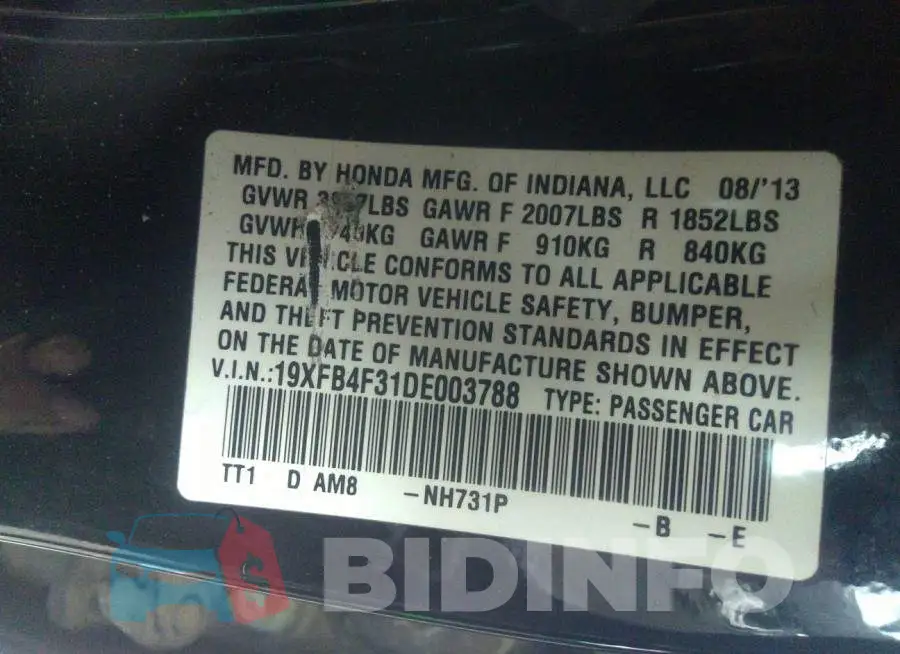 19XFB4F31DE003788 Photo# 9