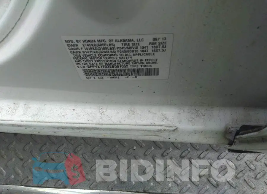 5FPYK1F53EB001052 Photo# 9