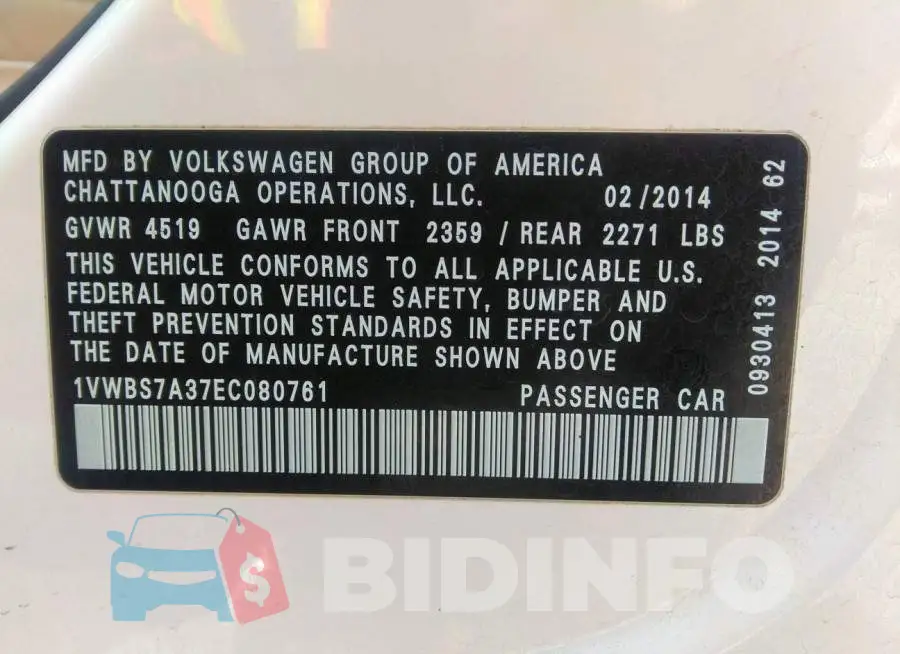1VWBS7A37EC080761 Photo# 9