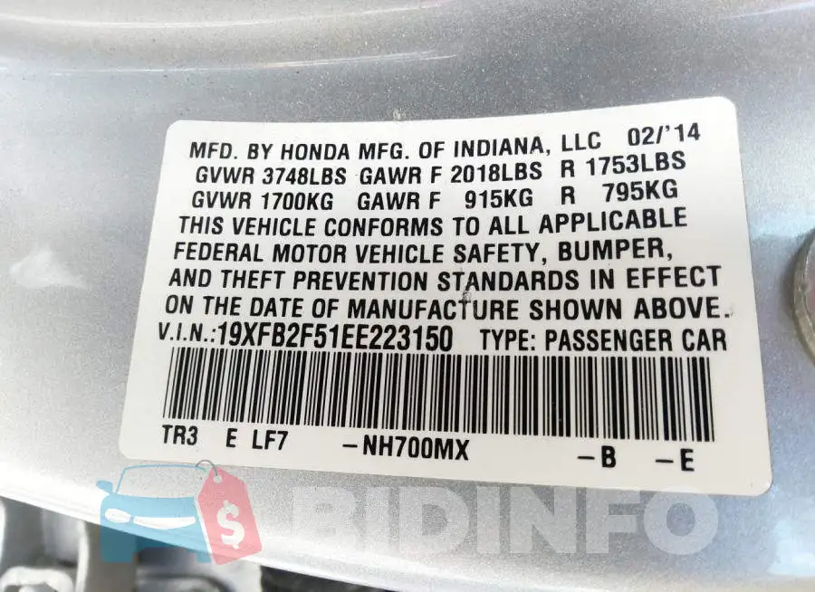19XFB2F51EE223150 Photo# 9