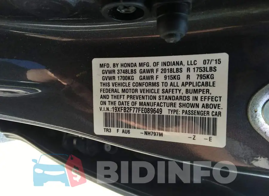 19XFB2F77FE089649 Photo# 9
