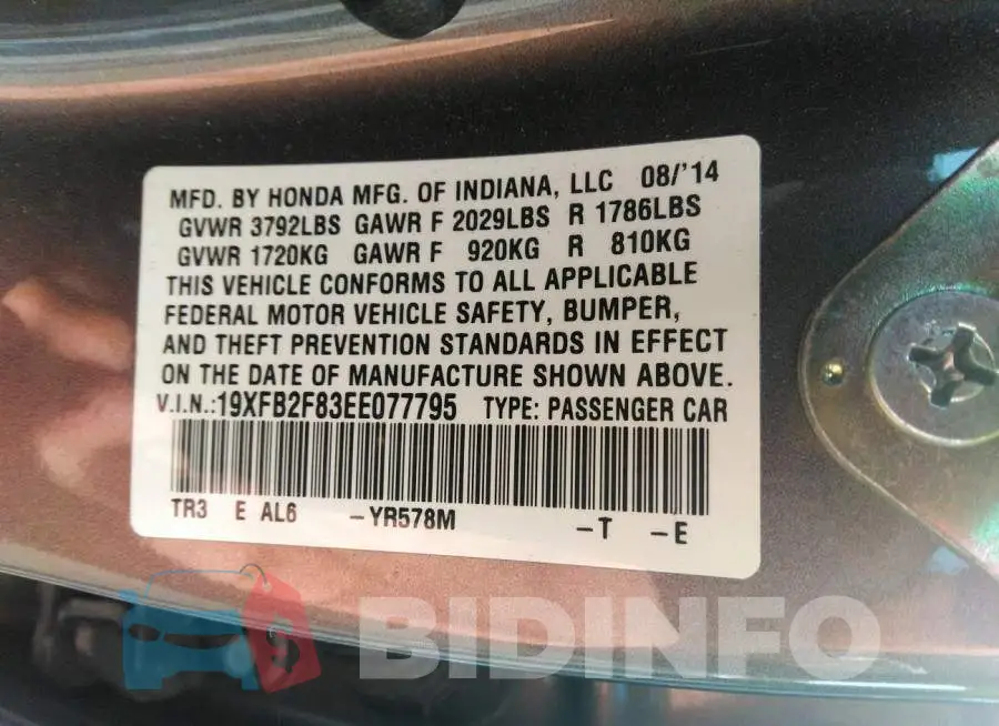 19XFB2F83EE077795 Photo# 9
