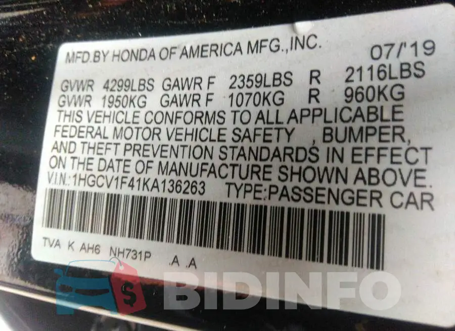 1HGCV1F41KA136263 Photo# 9