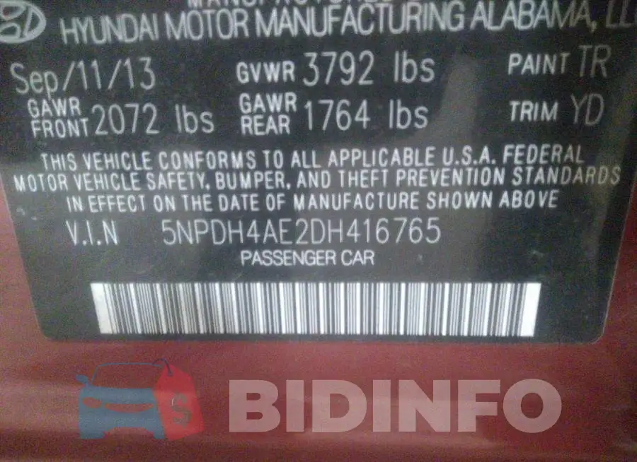 5NPDH4AE2DH416765 Photo# 9