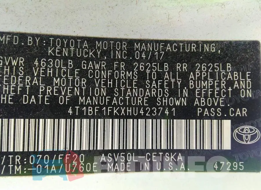 4T1BF1FKXHU423741 Photo# 9