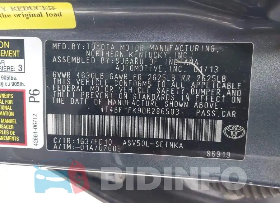 4T4BF1FK9DR286503 Photo# 9