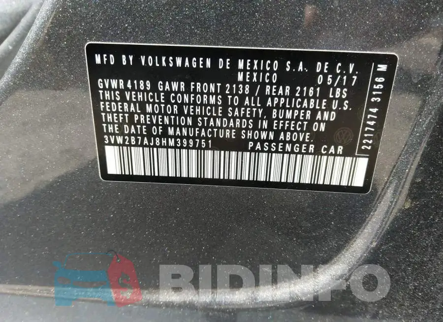 3VW2B7AJ8HM399751 Photo# 9