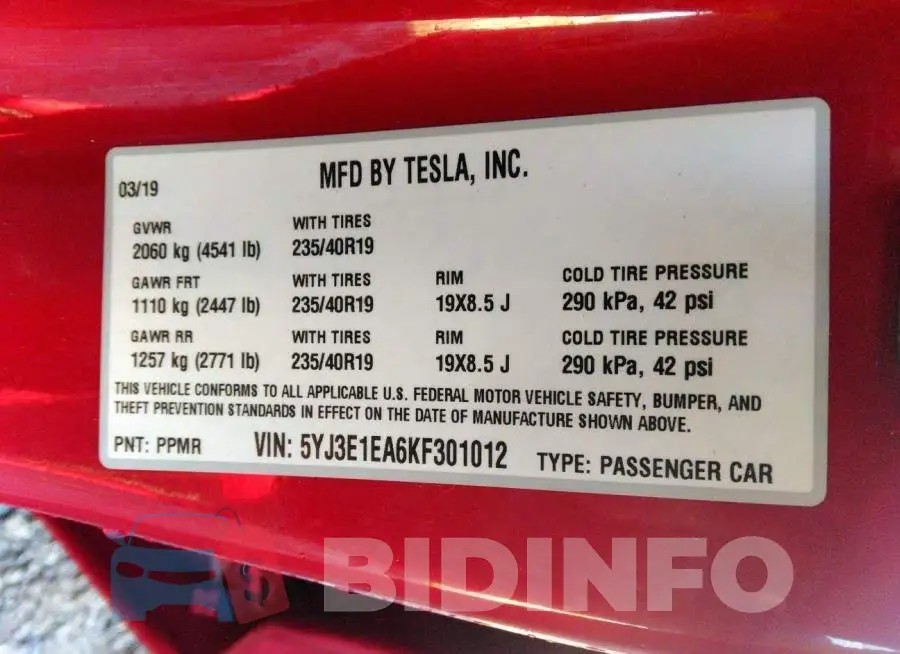 5YJ3E1EA6KF301012 Photo# 9