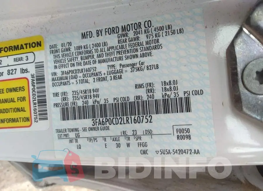 3FA6P0CD2LR160752 Photo# 9