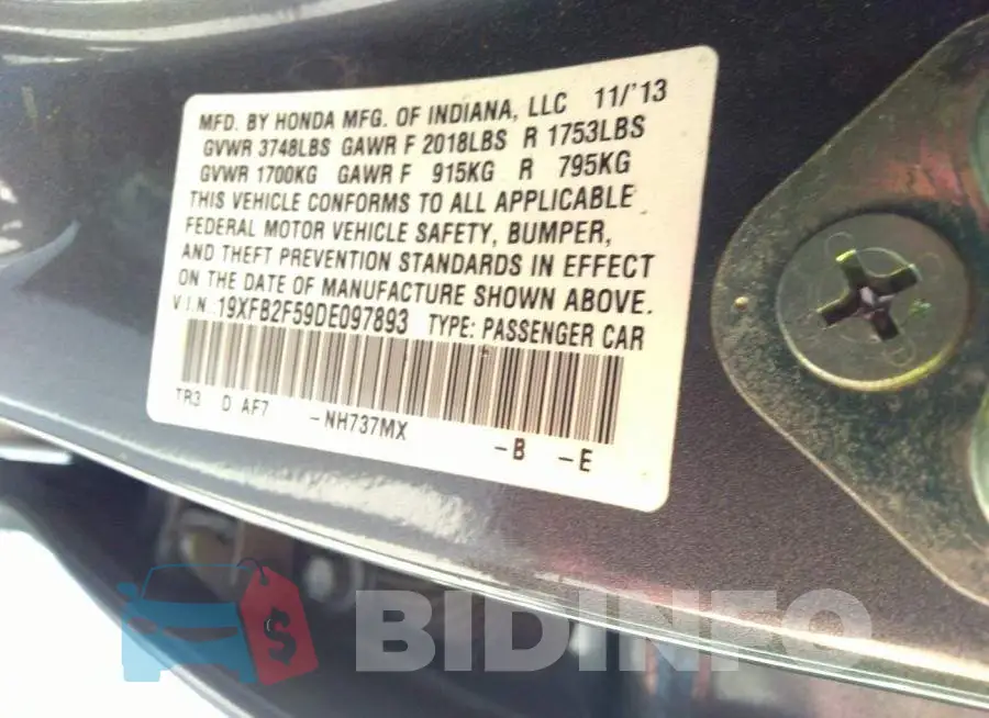 19XFB2F59DE097893 Photo# 9