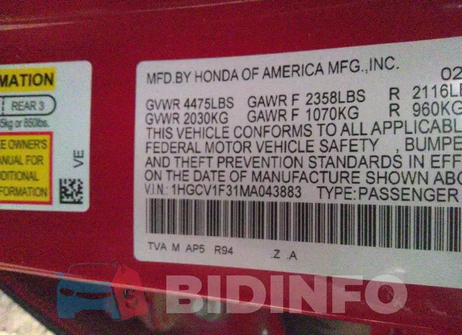 1HGCV1F31MA043883 Photo# 9
