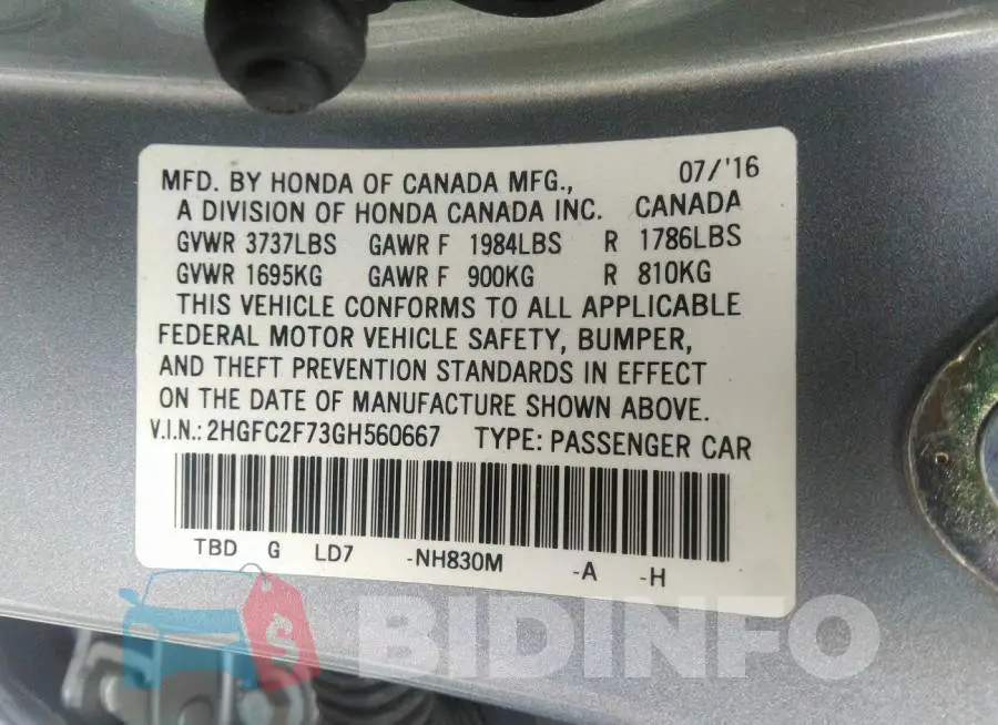 2HGFC2F73GH560667 Photo# 9