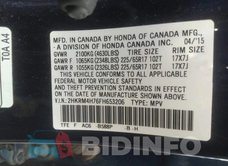 2HKRM4H76FH653206 Photo# 7