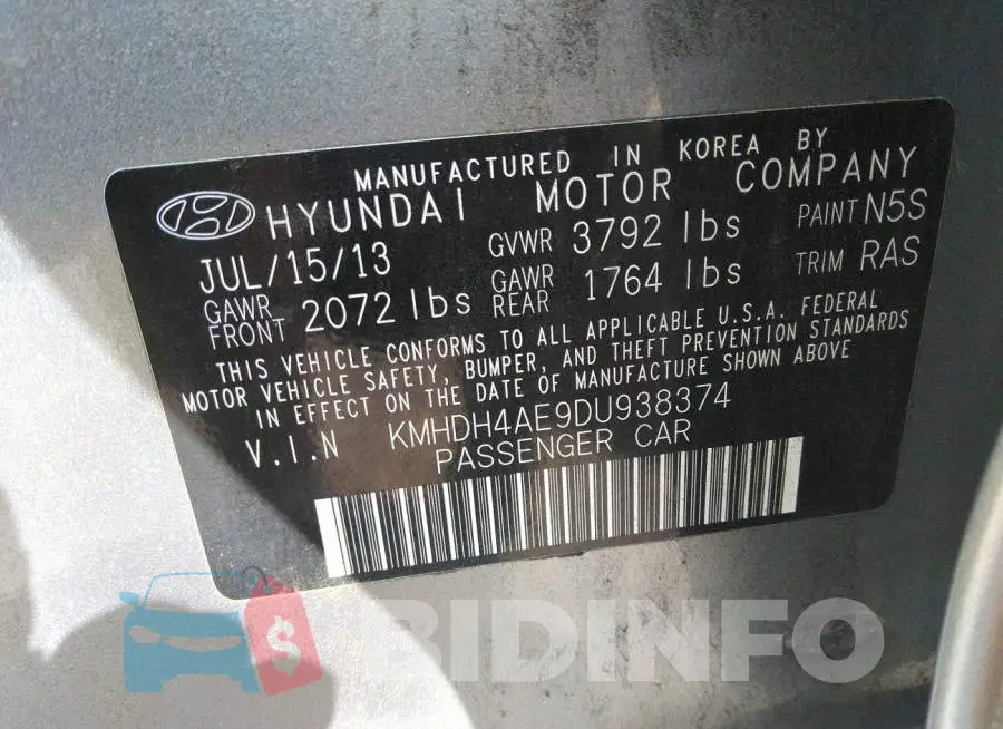 KMHDH4AE9DU938374 Photo# 9