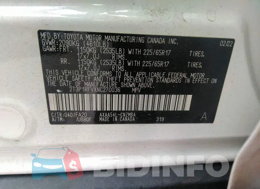 2T3P1RFVXNC270036 Photo# 9