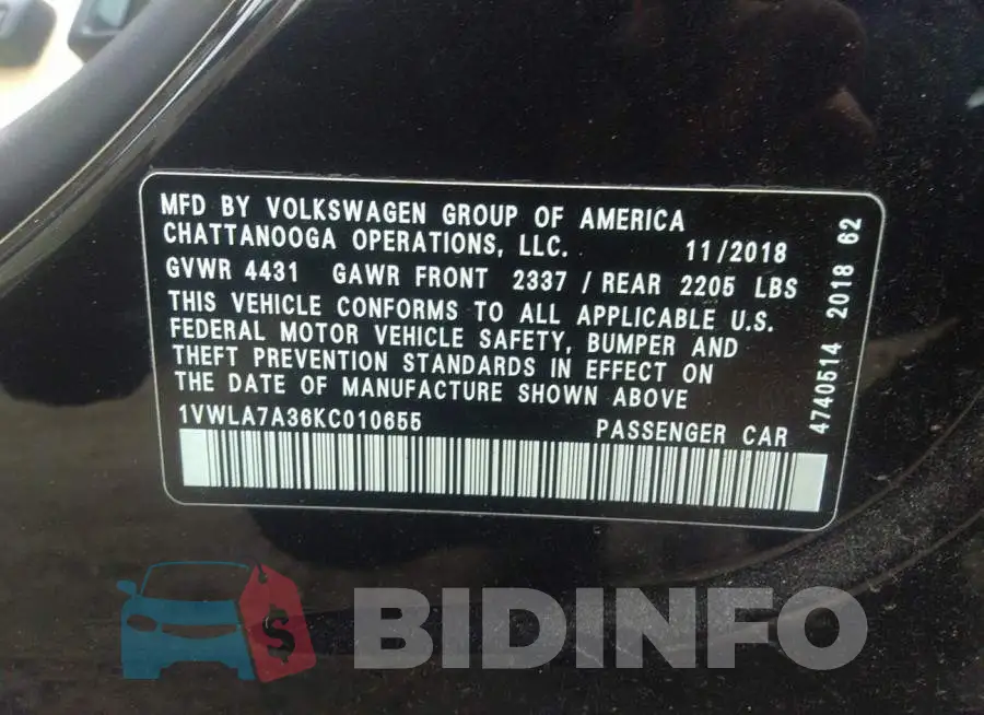 1VWLA7A36KC010655 Photo# 9