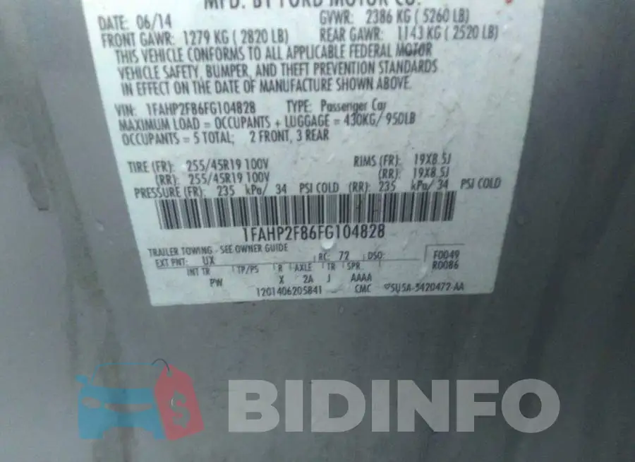 1FAHP2F86FG104828 Photo# 9