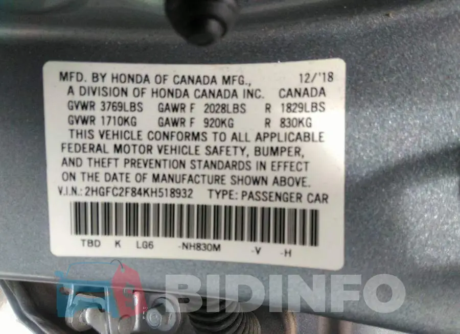 2HGFC2F84KH518932 Photo# 9