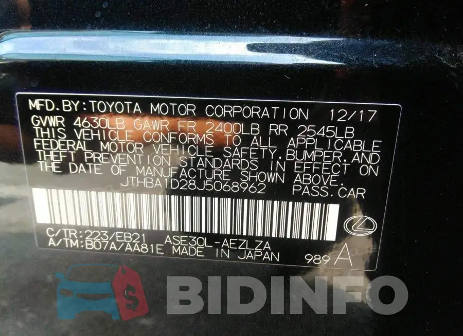 JTHBA1D28J5068962 Photo# 9