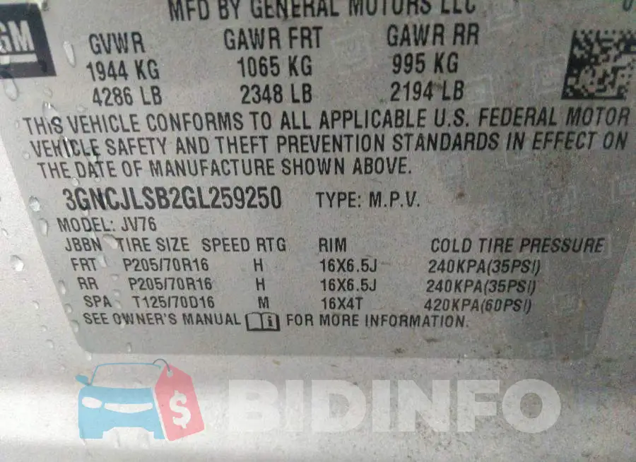 3GNCJLSB2GL259250 Photo# 9
