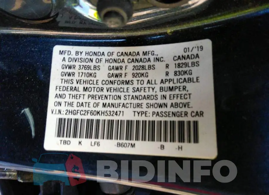 2HGFC2F60KH532471 Photo# 9