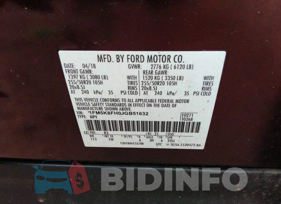 1FM5K8FH0JGB51632 Photo# 9
