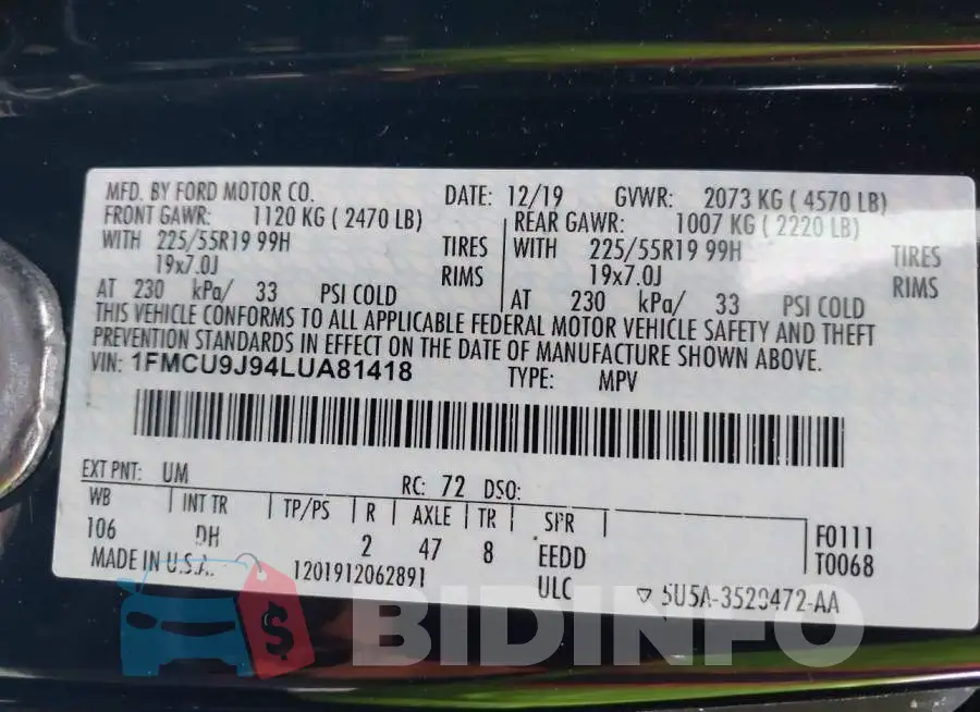 1FMCU9J94LUA81418 Photo# 9