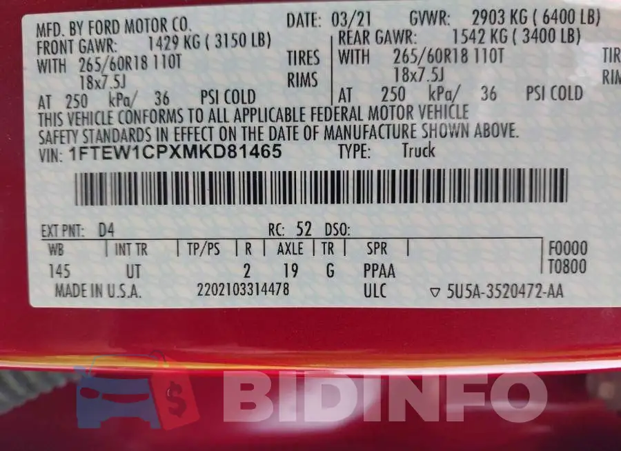 1FTEW1CPXMKD81465 Photo# 9