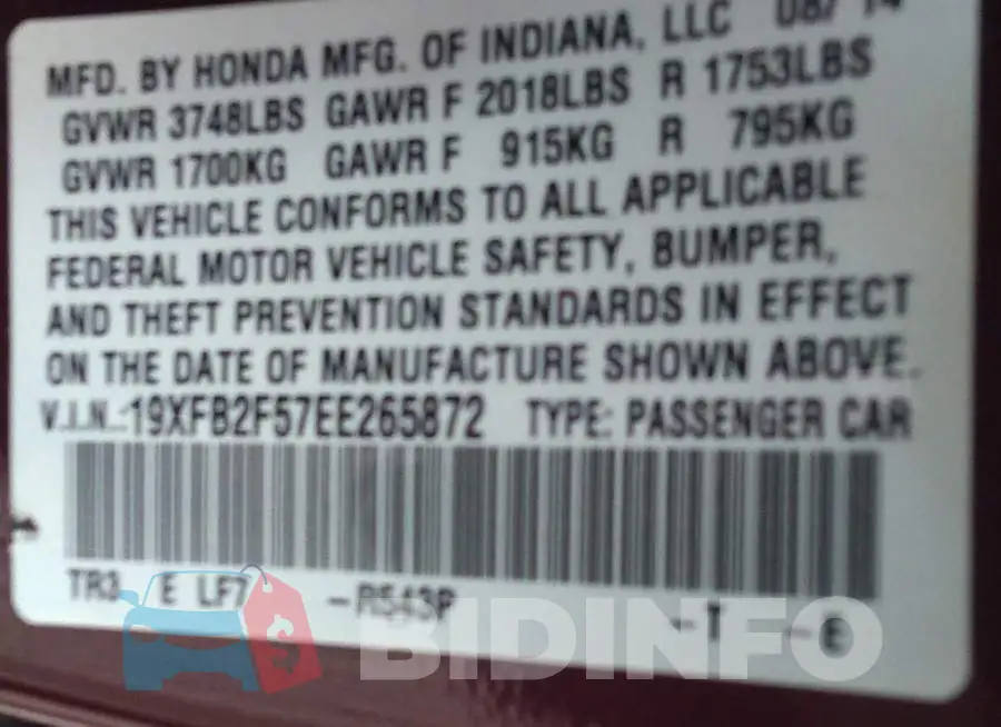 19XFB2F57EE265872 Photo# 9