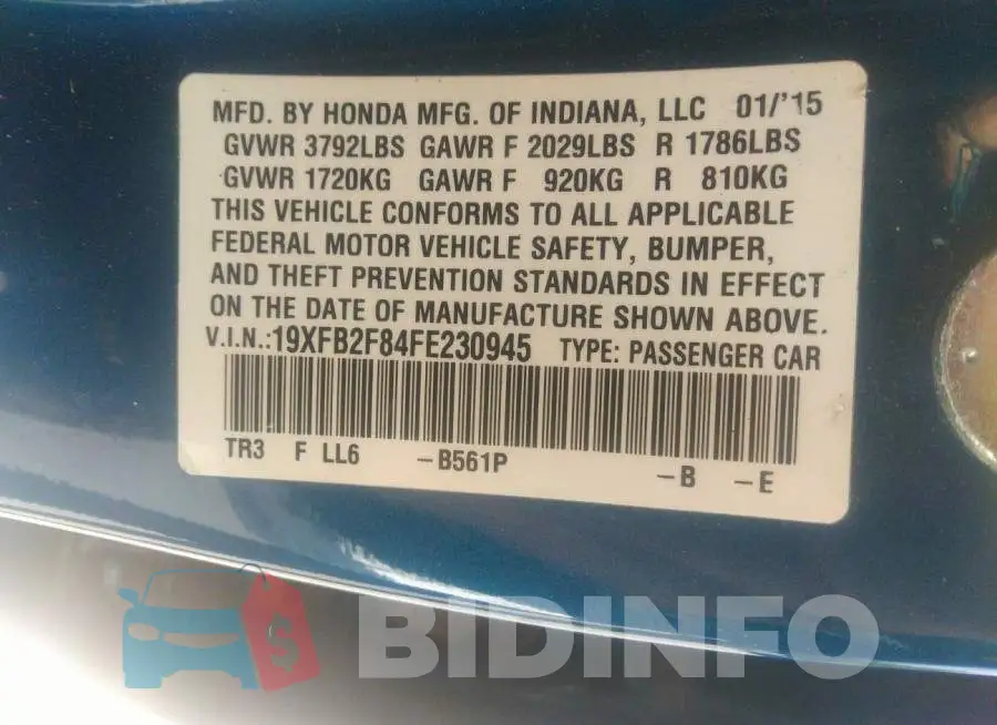 19XFB2F84FE230945 Photo# 9
