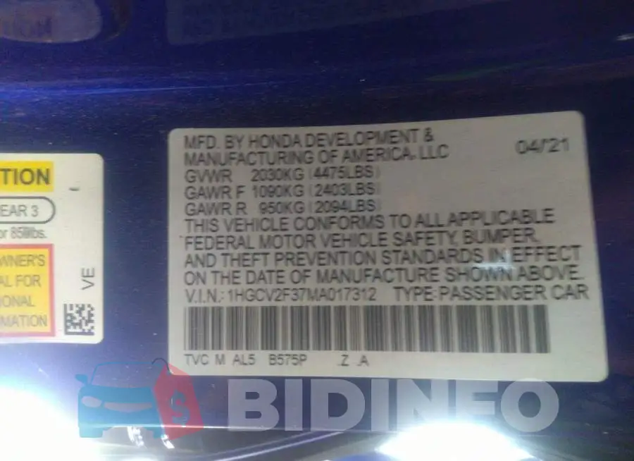 1HGCV2F37MA017312 Photo# 9