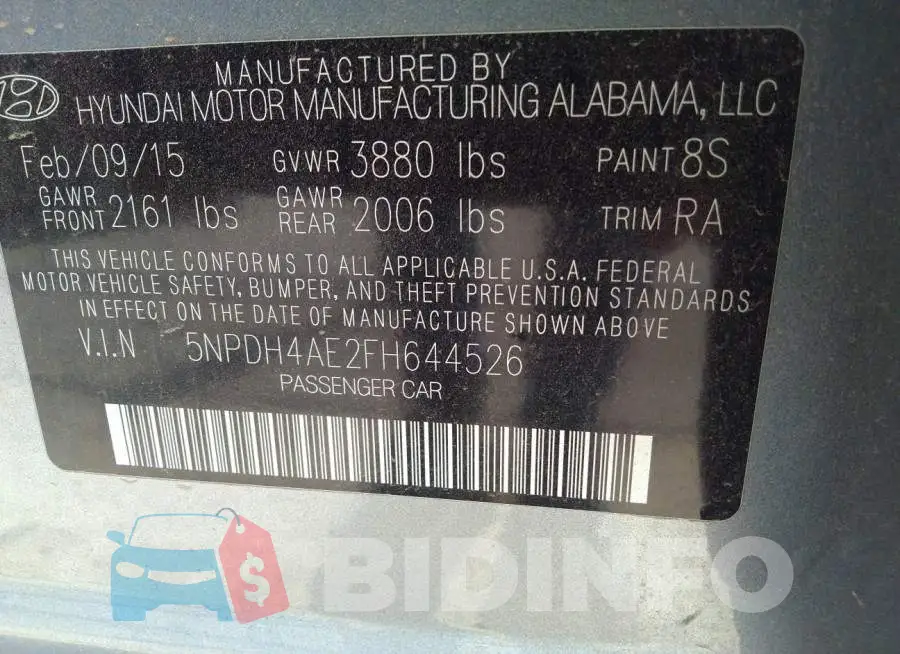 5NPDH4AE2FH644526 Photo# 9