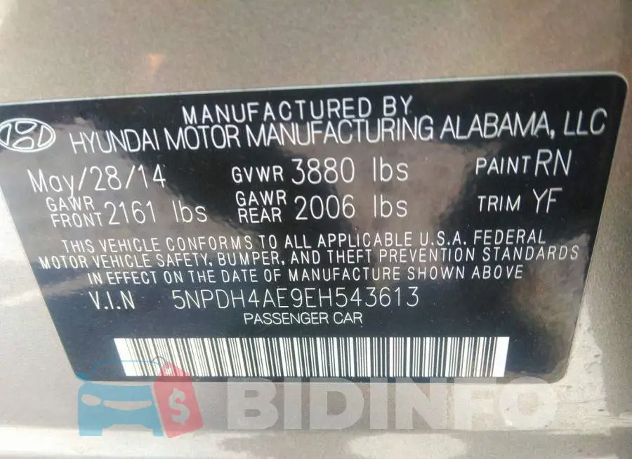 5NPDH4AE9EH543613 Photo# 9