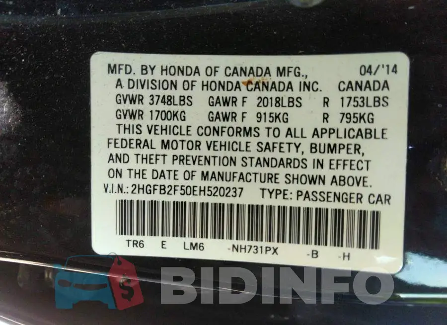 2HGFB2F50EH520237 Photo# 9
