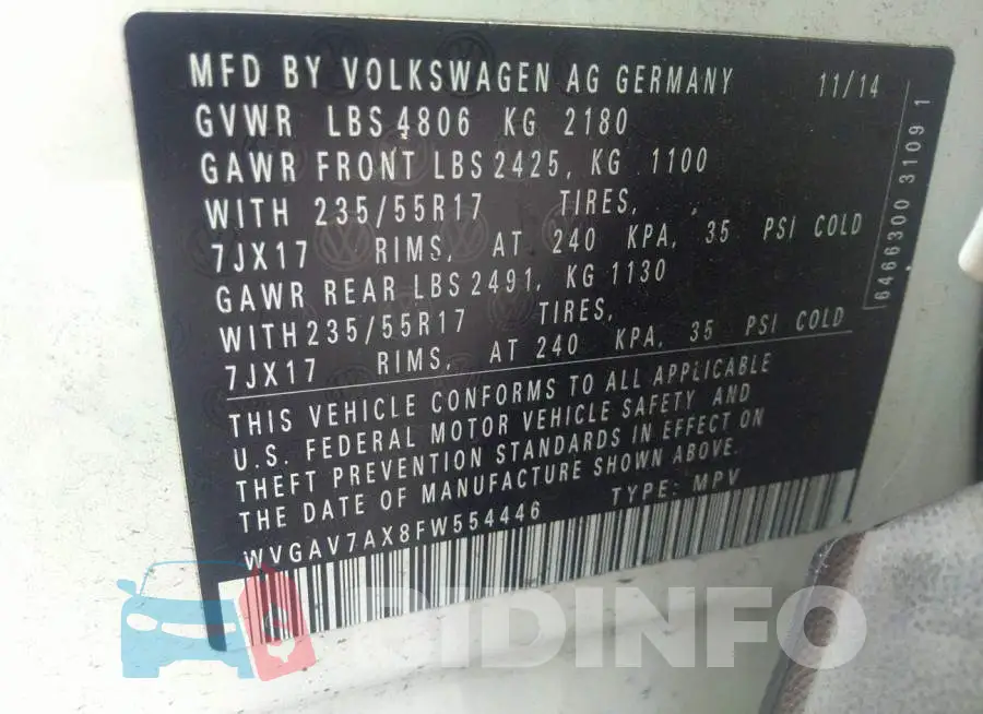 WVGAV7AX8FW554446 Photo# 9