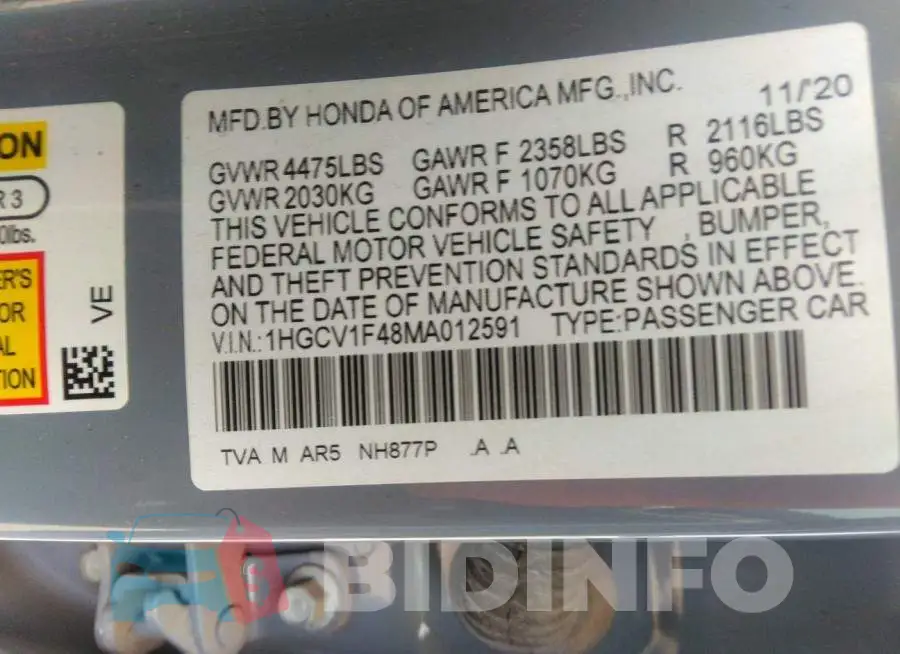 1HGCV1F48MA012591 Photo# 9