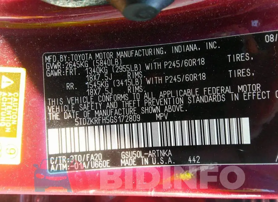 5TDZKRFH5GS172809 Photo# 9