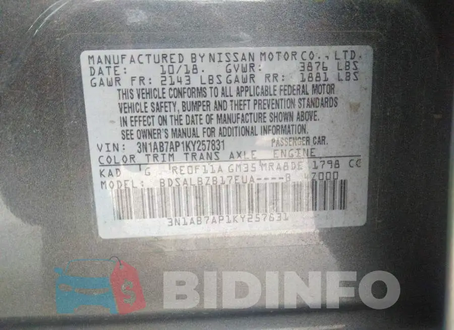 3N1AB7AP1KY257831 Photo# 9