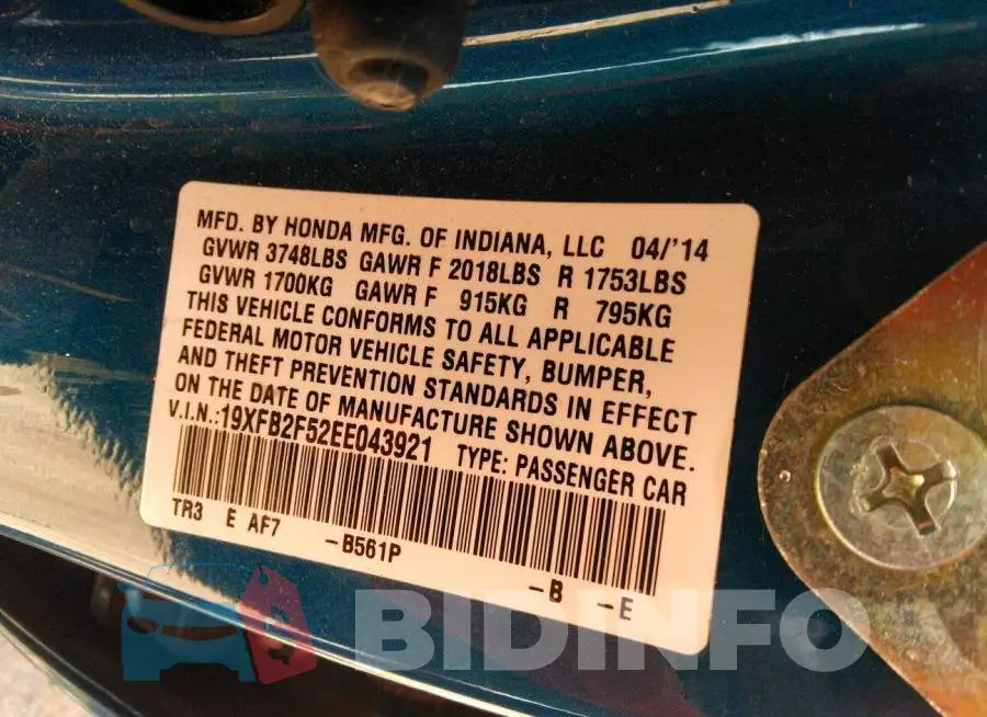 19XFB2F52EE043921 Photo# 9