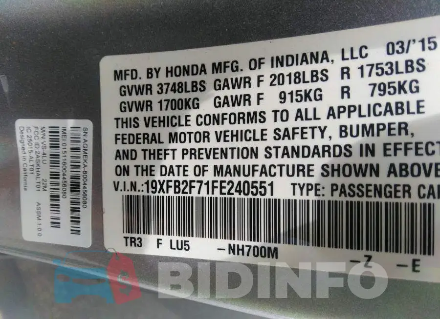 19XFB2F71FE240551 Photo# 9